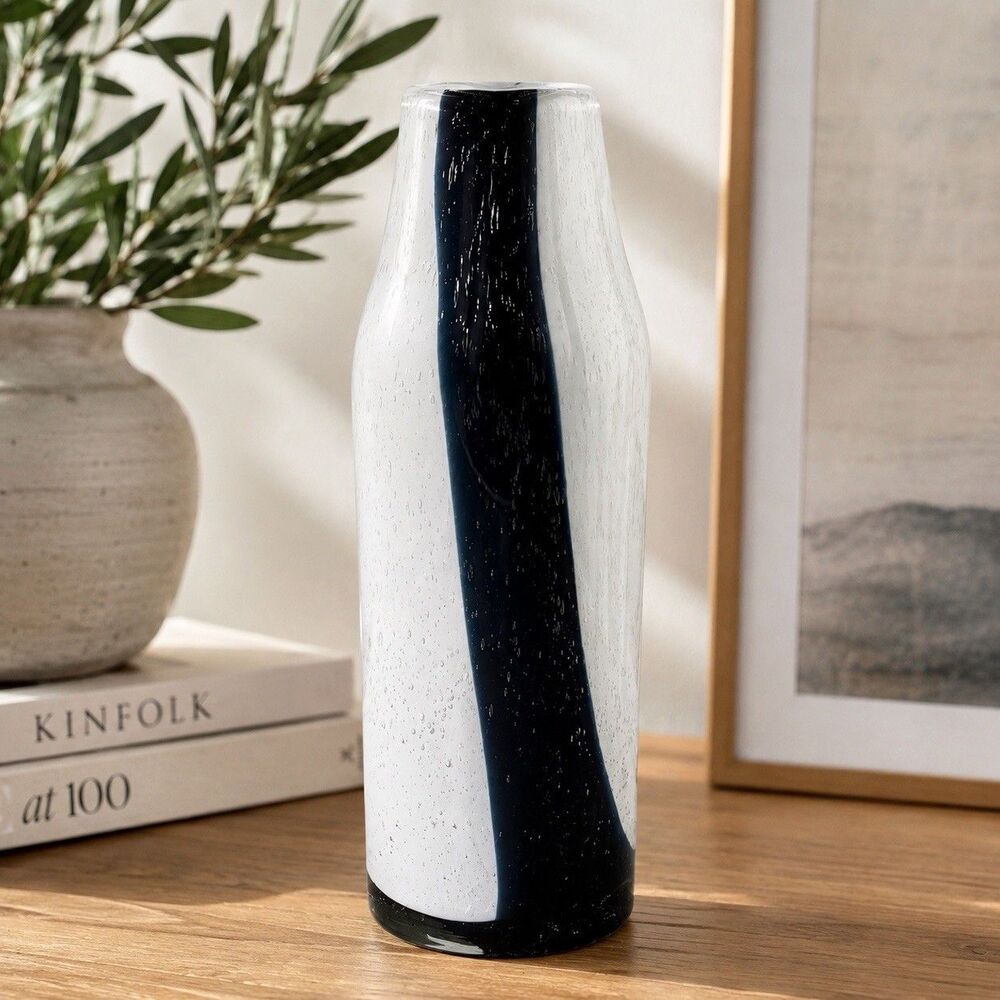 Target Handcrafted Art Glass Vase Black White Swirl Bubble Glass 12” Modern